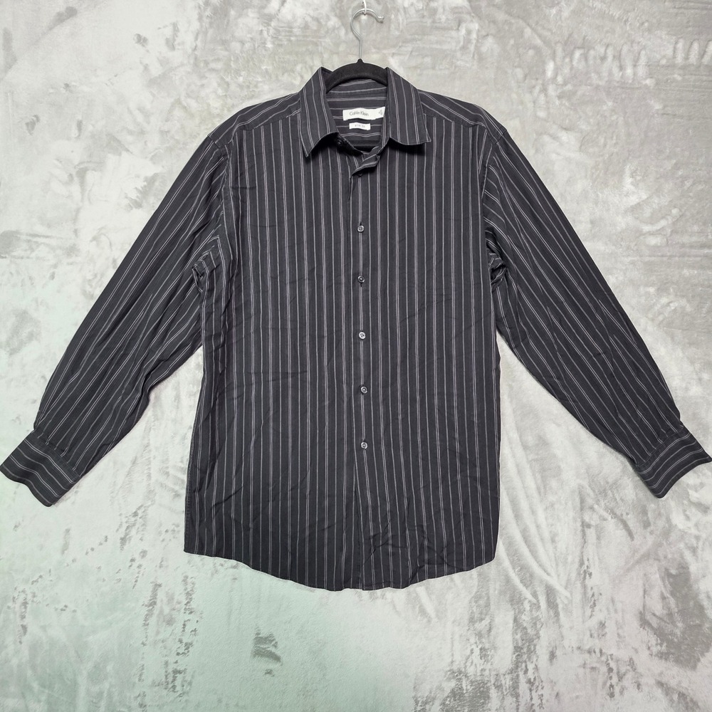 Calvin Klein Mens Slim Fit Pinstripe Dress Shirt Black 16 32/33 Long Sleeve